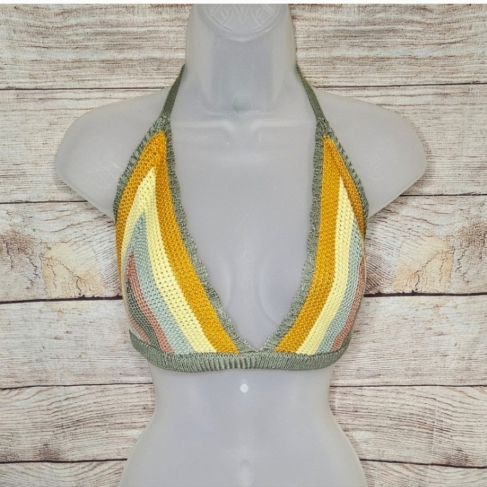 Almost famous acrylic rainbow crochet knit halter tie back boho festival Top